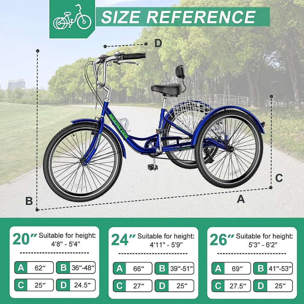 FICISOG 26 Adult Tricycle, 3 Wheel 7 Speed, 450lbs Capacity with Basket X547