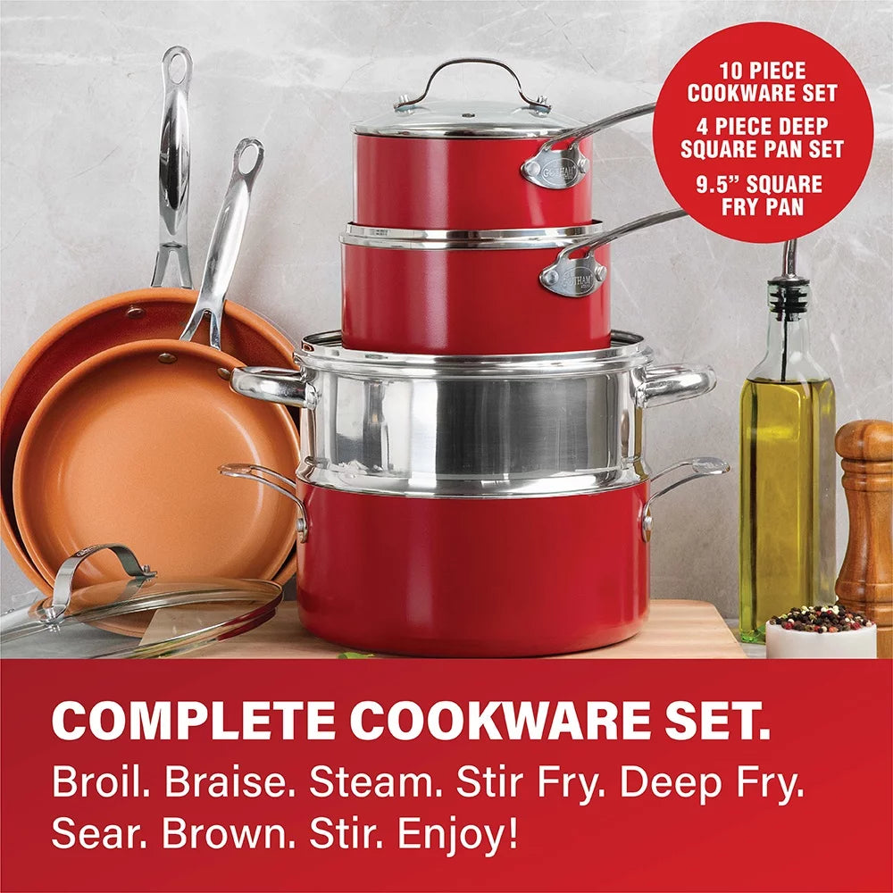 Gotham Steel 32 Pcs Cookware Set with Bakeware and Food Storage, Red B614356