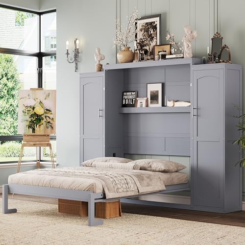 Harper & Bright Designs Full Murphy Bed with Two Closets and Storage Shelf, Walnut P2065