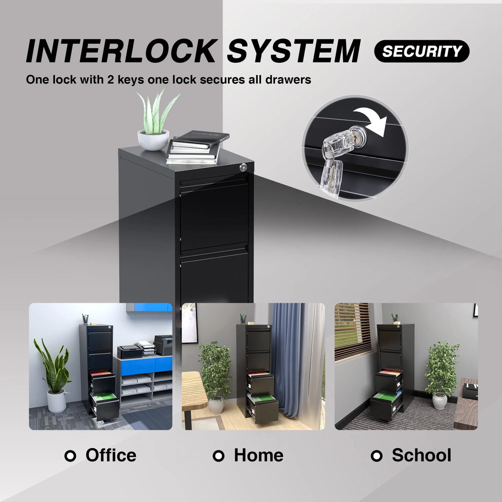 SUPEER 4 Drawer File Cabinet with Lock, Metal Vertical Storage, Black E499
