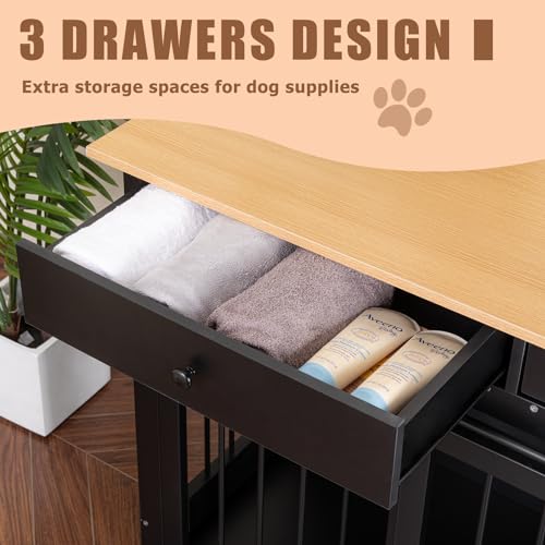 Sunseen Dog Crate Furniture Large Breed Wooden Kennel with Room Divider & 3 Drawer, Double Doors, Black F4828