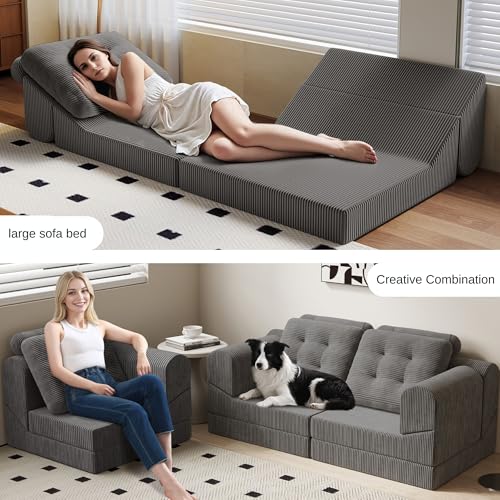 COMAX Folding Sofa Bed Convertible Chair Bed Corduroy 3-in-1 Floor Couch, Dark Grey E940