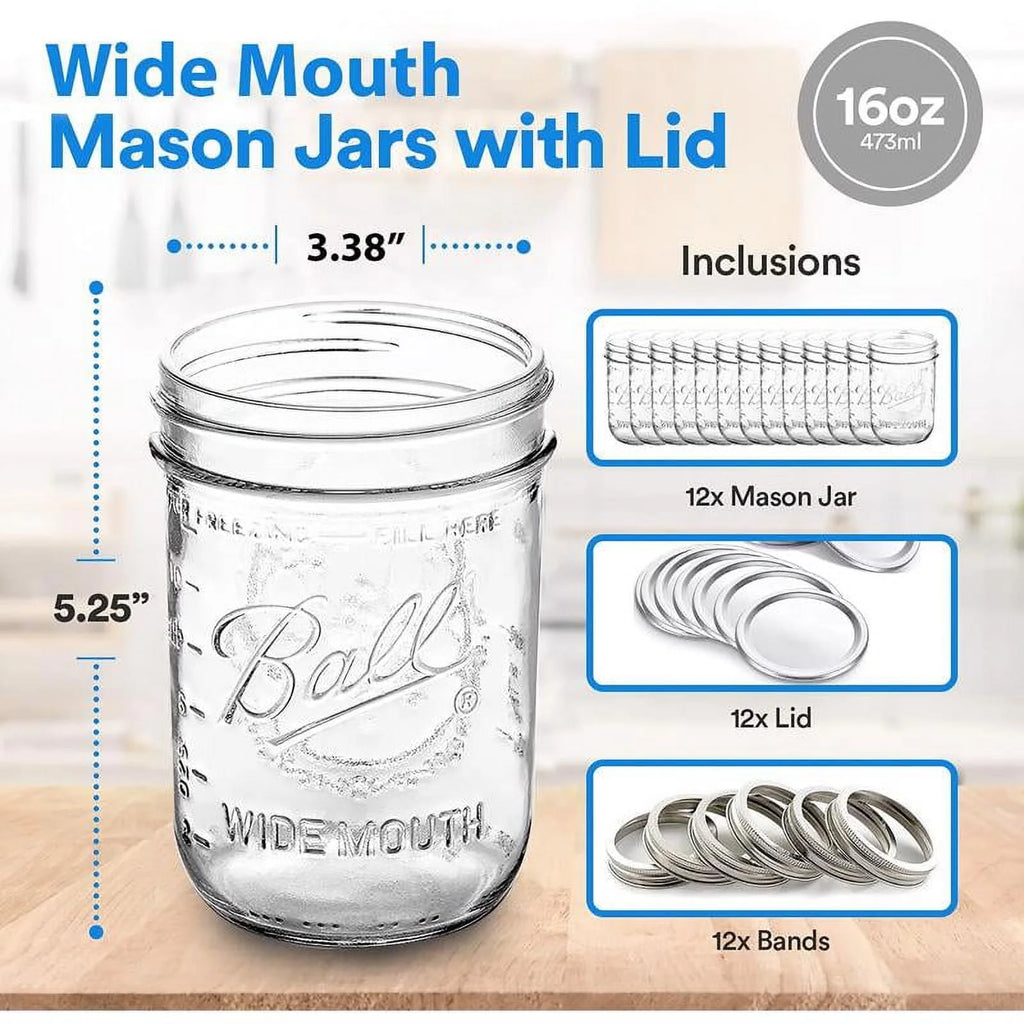 Ball Glass Mason Jars with Lids & Bands, Wide Mouth, 16 oz, 12 Count V563859