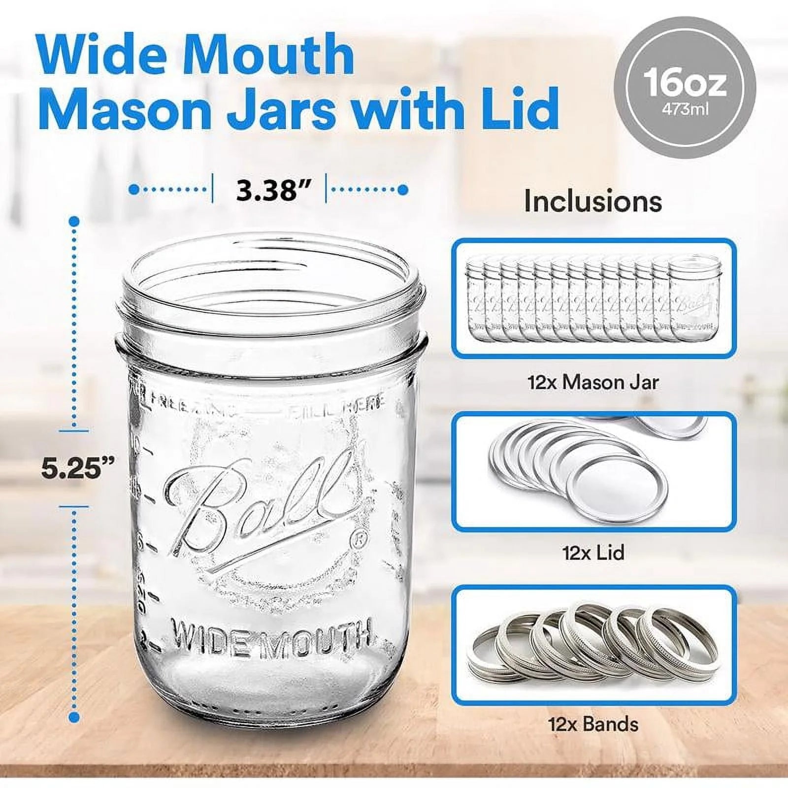 Ball Glass Mason Jars with Lids & Bands, Wide Mouth, 16 oz, 12 Count V563859