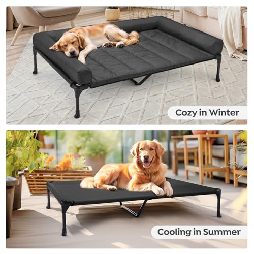 Veehoo Elevated Dog Bed with Removable Waterproof Bolster Cushion, Breathable Mesh, Indoor Outdoor, 42x30 inches, Beige U875430