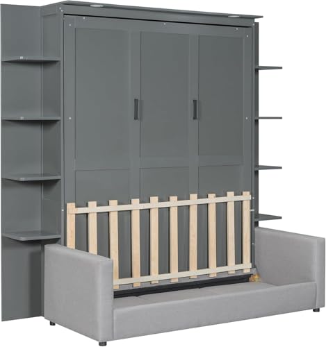Queen Murphy Bed with Couch and Storage Shelves, Wood Cabinet, Grey I683551