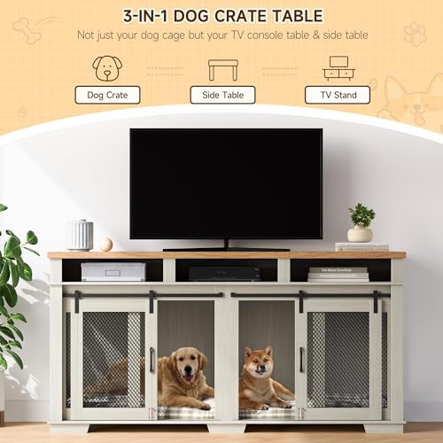 71" Dog Crate Furniture for 2 Dogs with Storage Drawers and Divider Y72401