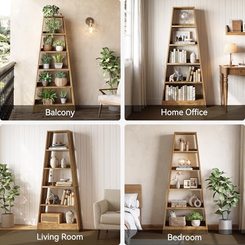 LITTLE TREE 6-Tier Tall Ladder Bookcase, Wooden Display Shelf, Warm Umber Finish X966377