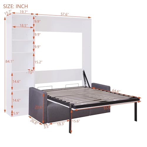 MERITLINE Queen Murphy Bed with Couch and Storage Shelves, White M951