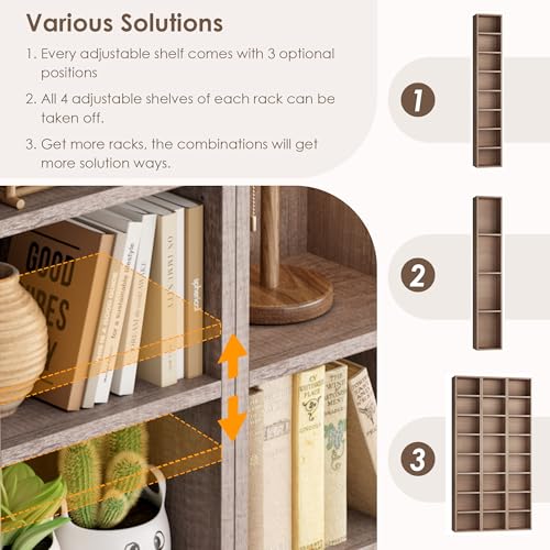 FOTOSOK 8-Tier Media Tower Rack, Tall Narrow Bookcase, Black/Brown W19438
