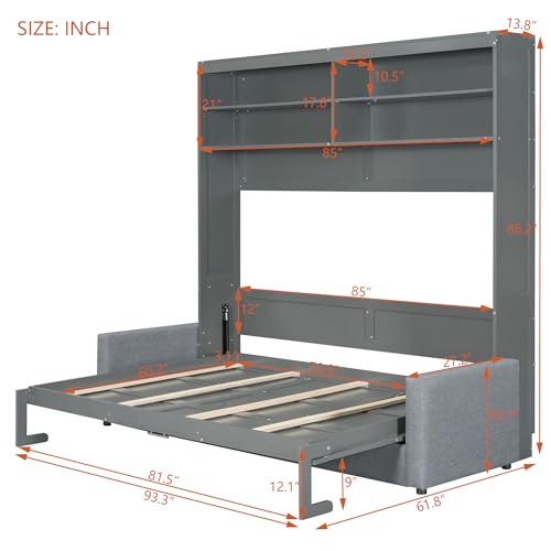 MERITLINE Queen Murphy Bed with Couch and Storage Shelves, White M951