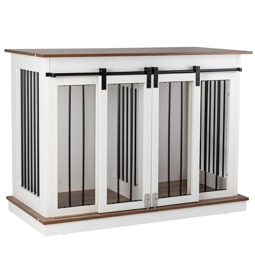 Sunseen Dog Crate Furniture Large Breed Wooden Kennel with Room Divider & 3 Drawer, Double Doors, Black F4828