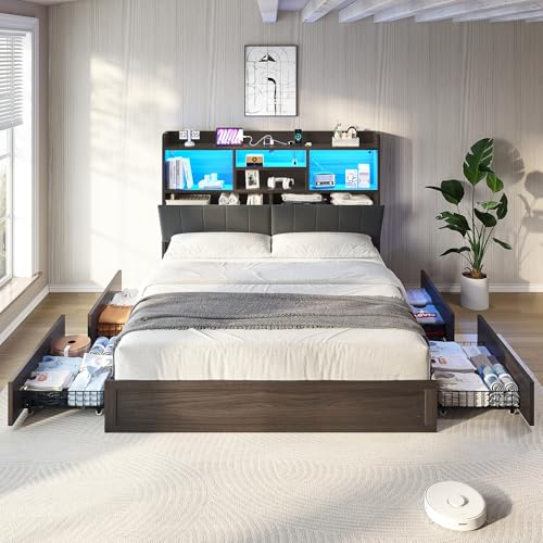 Farmhouse Bed Frame with Bookcase Headboard, LED Storage, Black G550865