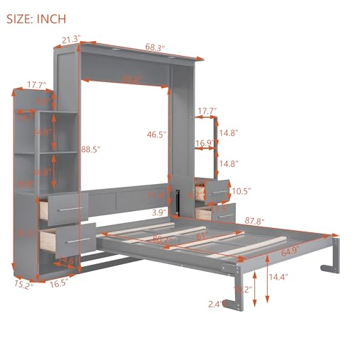 Harper & Bright Designs Gray Queen Murphy Bed with Storage Shelves and LED Light P300147