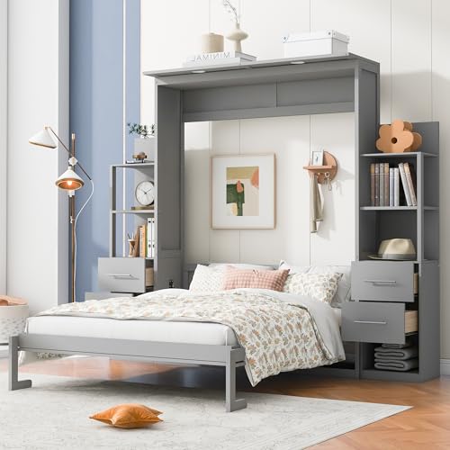 Harper & Bright Designs Gray Queen Murphy Bed with Storage Shelves and LED Light P300147