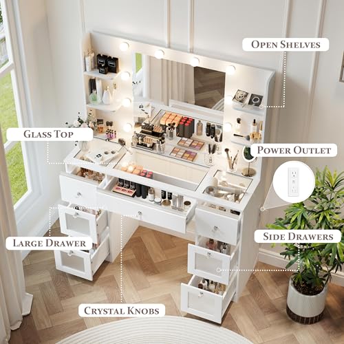 Makeup Vanity with Lights, Glass Top Desk with Mirror for Bedroom K649