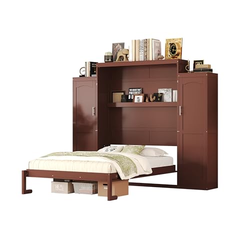 Harper & Bright Designs Full Murphy Bed with Two Closets and Storage Shelf, Walnut P2065