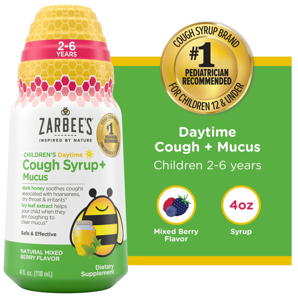 Zarbee's Kids Cough + Mucus Daytime with Honey, Ivy Leaf, Zinc & Elderberry, Mixed Berry, 4FL Oz