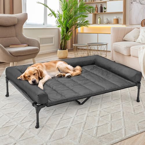 Veehoo Elevated Dog Bed with Removable Waterproof Bolster Cushion, Breathable Mesh, Indoor Outdoor, 42x30 inches, Beige U875430