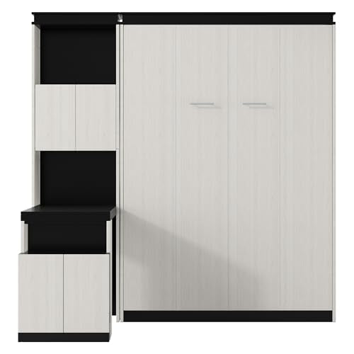Queen Size Murphy Bed Wall Cabinet with 2 Wardrobes and Storage Shelf, White E955210