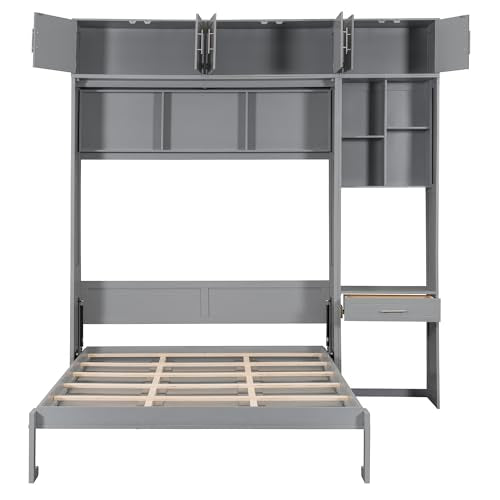 PURLOVE Wood Twin Murphy Bed with Light and USB, Gray W600663