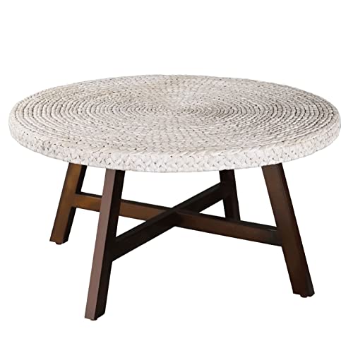 RANDEFURN Round Seagrass Coffee Table with Pine Wood X Base, 32 x 17 Inches E987219