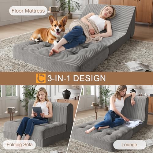 COMAX Folding Sofa Bed Convertible Chair Bed Corduroy 3-in-1 Floor Couch, Dark Grey E940