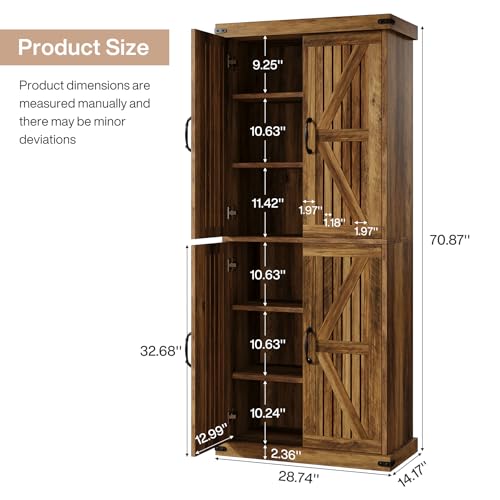 Tribesigns 71" Tall Kitchen Pantry Storage Cabinet with Barn Doors, Brown W874