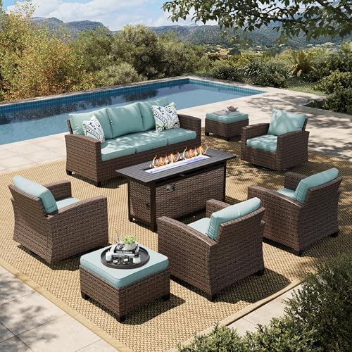 HERA'S HOUSE Patio Furniture Set with 56" Fire Pit Table, 6 Pieces 7 Seats Wicker Sectional Z546196