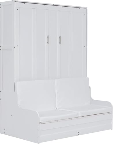 MERITLINE Queen Murphy Bed with Couch and Storage Shelves, White M951