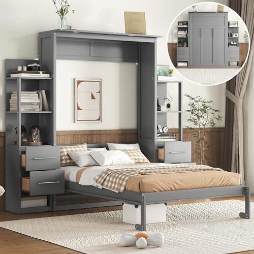 Full Size Murphy Bed with Drawers, Cabinets and USB Ports, Gray D589081