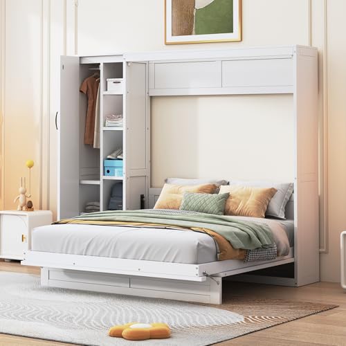 Harper & Bright Designs Queen Murphy Bed with Storage Shelves and LED Lights, Gray D9429
