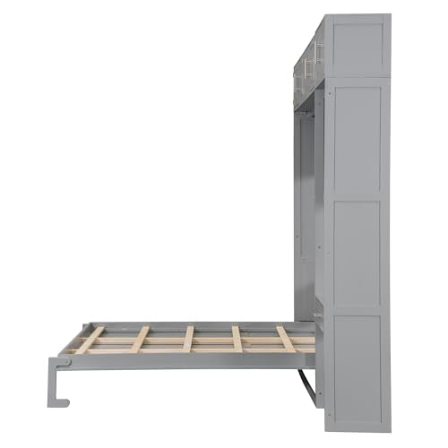 PURLOVE Wood Twin Murphy Bed with Light and USB, Gray W600663