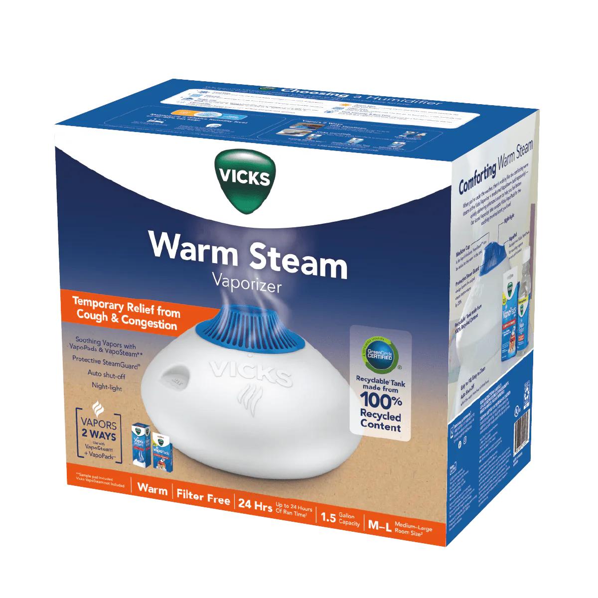 Vicks Warm Steam Vaporizer Humidifier, 600 sq ft, White O906