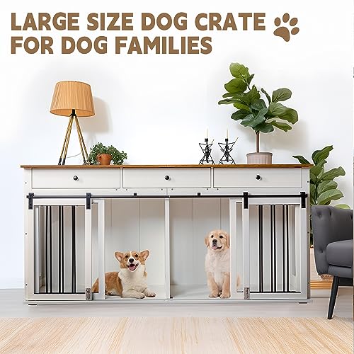Sunseen Dog Crate Furniture Large Breed Wooden Kennel with Room Divider & 3 Drawer, Double Doors, Black F4828