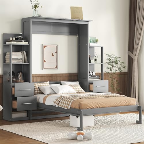 Full Size Murphy Bed with Drawers, Cabinets and USB Ports, Gray D589081