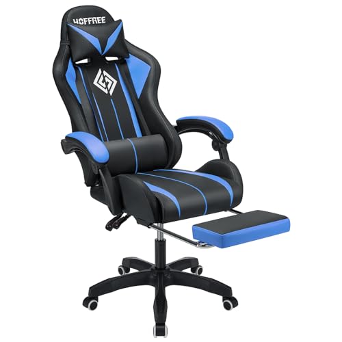HOFFREE RGB Gaming Chair with Speakers and Footrest, Blue and Black B69323