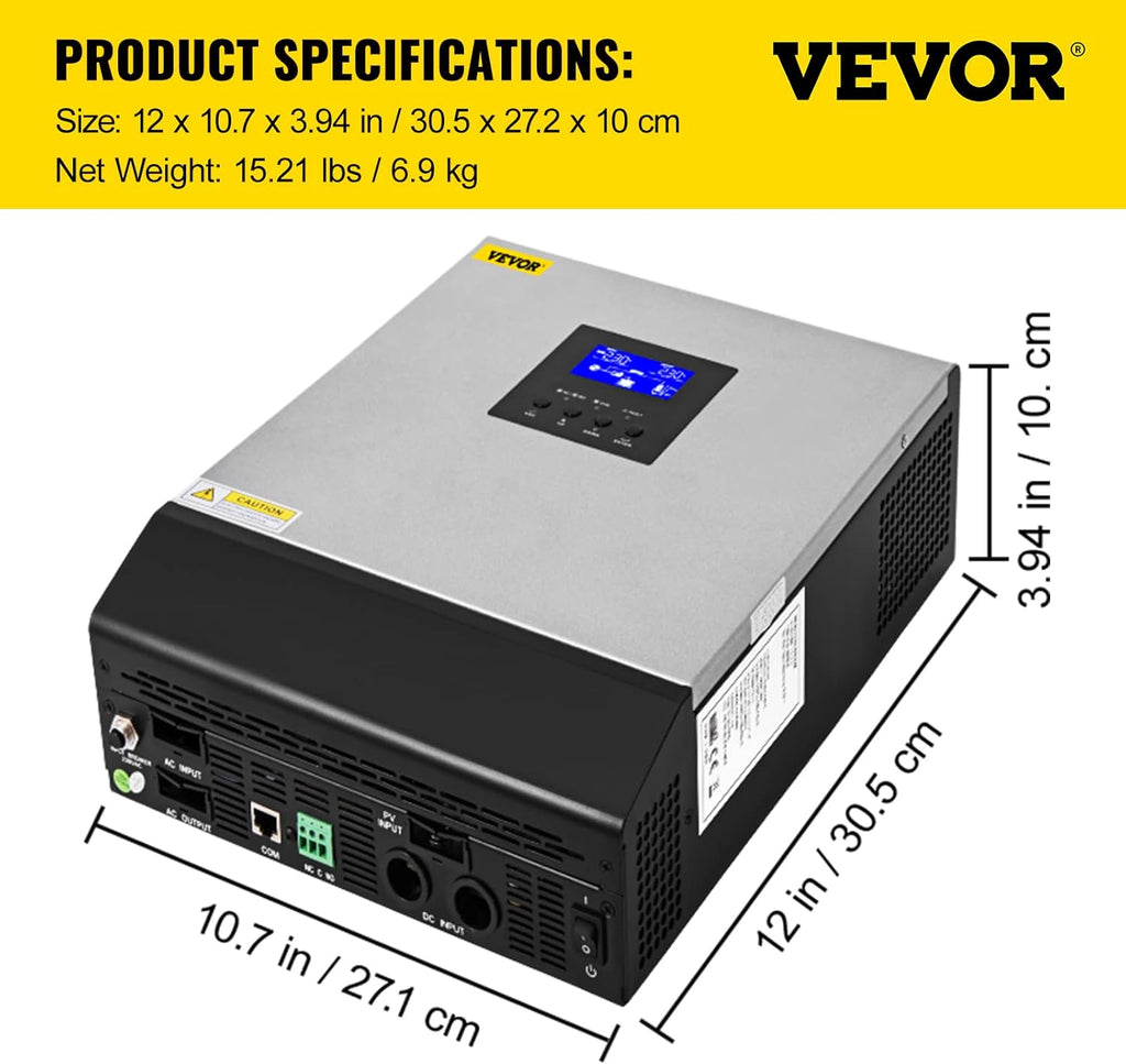VEVOR Hybrid Solar Inverter 3KVA 2400W Pure Sine Wave Off-Grid 24VDC to 110VAC U169308