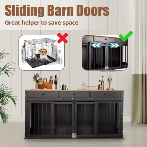 Sunseen Dog Crate Furniture Large Breed Wooden Kennel with Room Divider & 3 Drawer, Double Doors, Black F4828