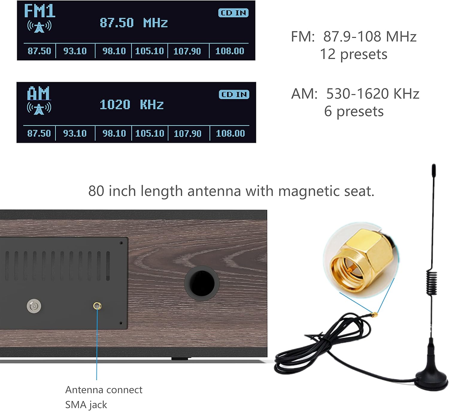 KEiiD Retro CD Player with Bluetooth, FM/AM Radio, USB & AUX, Wooden Stereo Speakers Y790411