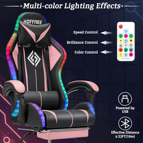 HOFFREE RGB Gaming Chair with Speakers and Footrest, Blue and Black B69323