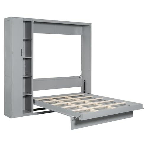 Harper & Bright Designs Queen Murphy Bed with Storage Shelves and LED Lights, Gray D9429