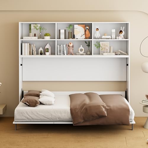 White Full Size Murphy Bed Cabinet with Shelf and Drawers Y948