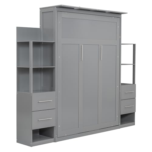 Full Size Murphy Bed with Drawers, Cabinets and USB Ports, Gray D589081