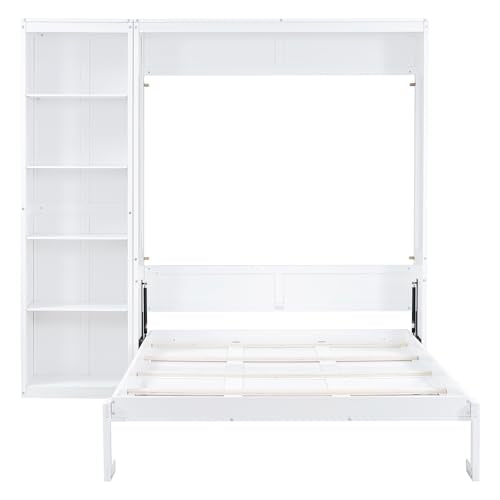 Merax Queen Murphy Bed with Storage Shelves, Foldable Wall Bed, White V837