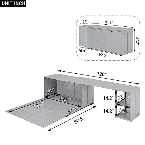 Merax Queen Murphy Bed with Rotable Desk, Storage Shelves, Grey W17874