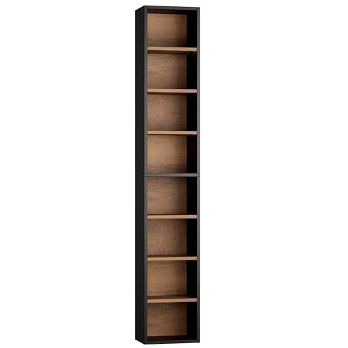 FOTOSOK 8-Tier Media Tower Rack, Tall Narrow Bookcase, Black/Brown W19438