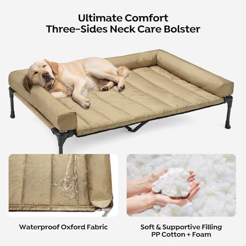 Veehoo Elevated Dog Bed with Removable Waterproof Bolster Cushion, Breathable Mesh, Indoor Outdoor, 42x30 inches, Beige U875430