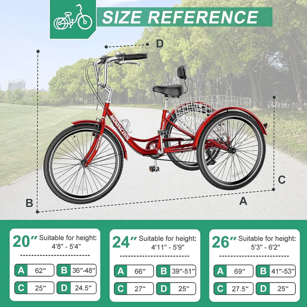 FICISOG 26 Adult Tricycle, 3 Wheel 7 Speed, 450lbs Capacity with Basket X547
