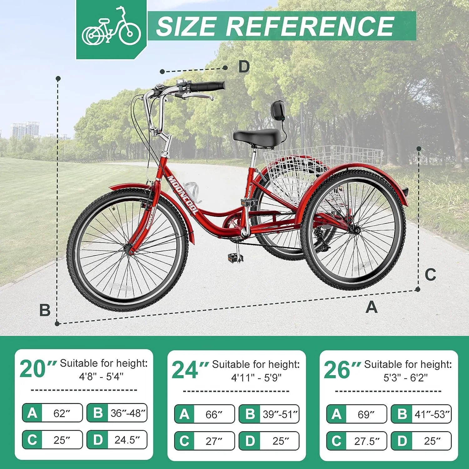 FICISOG 26 Adult Tricycle, 3 Wheel 7 Speed, 450lbs Capacity with Basket X547